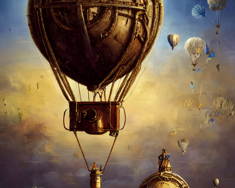 Fantasy scene: People on hot air balloons in golden clouds