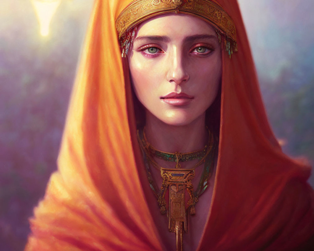 Portrait of Woman with Striking Green Eyes and Orange Veil in Gold Jewelry