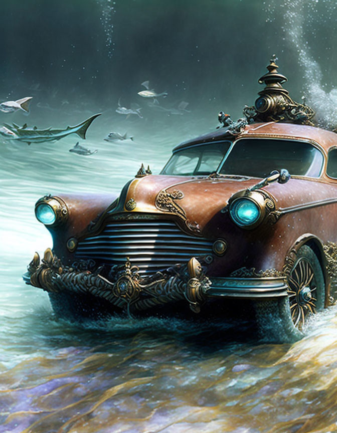 Vintage Car Submarine Surrounded by Fish and Sharks in Underwater Scene