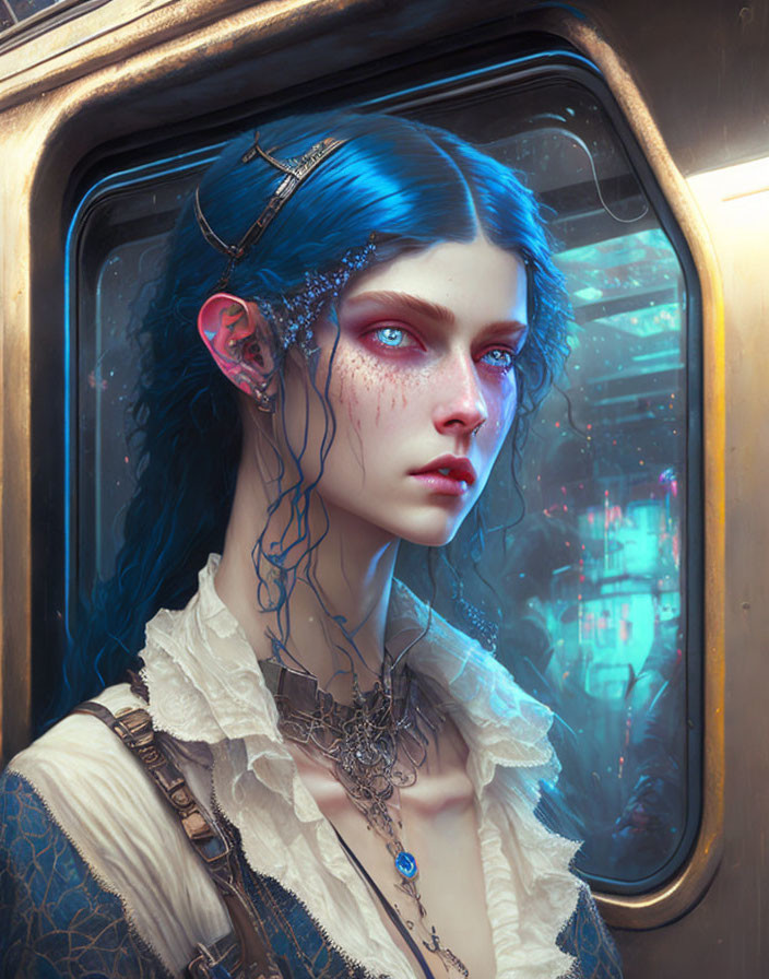 Fantastical female figure with blue hair and elf-like ears gazing out of a train window