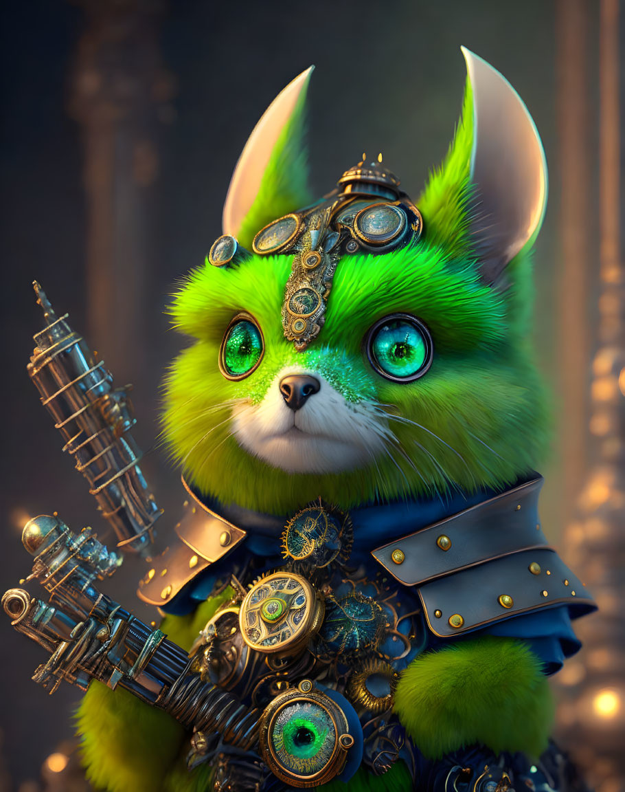 Anthropomorphic steampunk green cat with gear embellishments