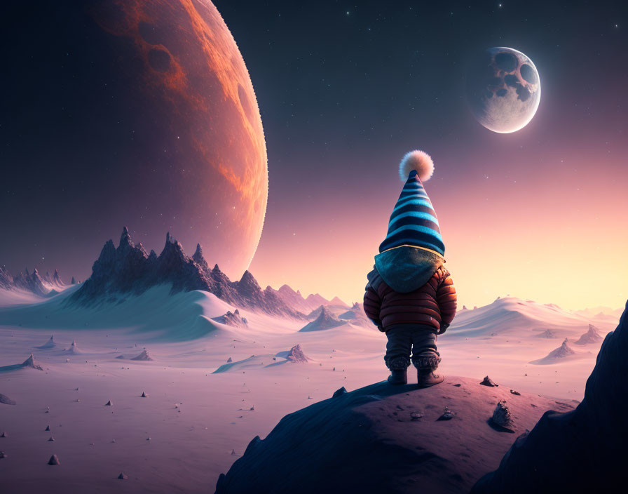 Person in Puffy Jacket and Striped Hat in Surreal Landscape with Two Moons