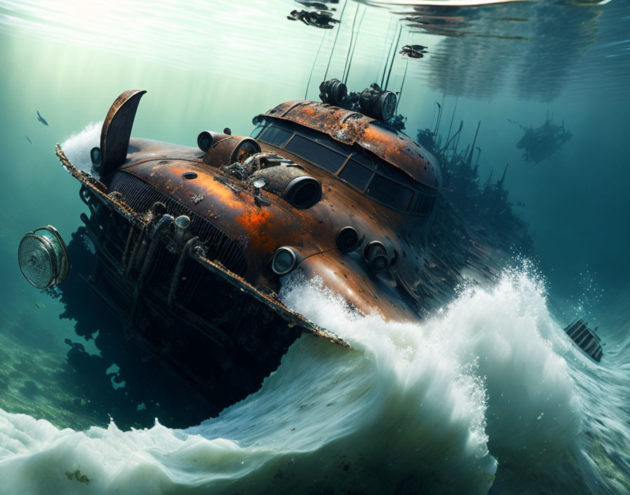 Rusted futuristic submarine among derelict ships in gloomy setting