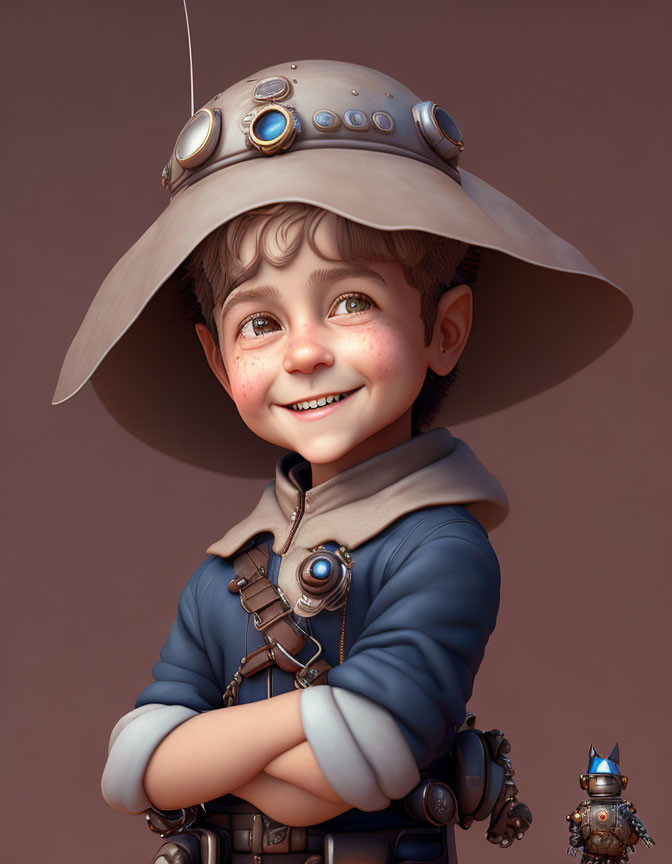 Young boy with freckles in steampunk attire next to small robot