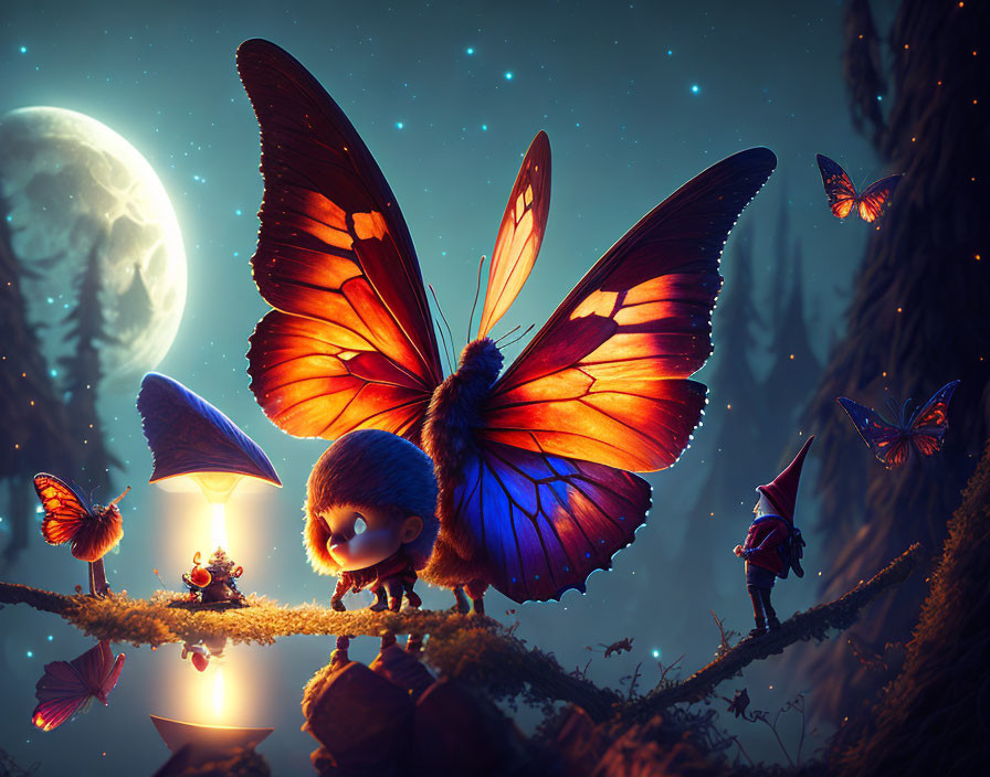 Enchanted night scene with glowing mushrooms, butterflies, and curious creature