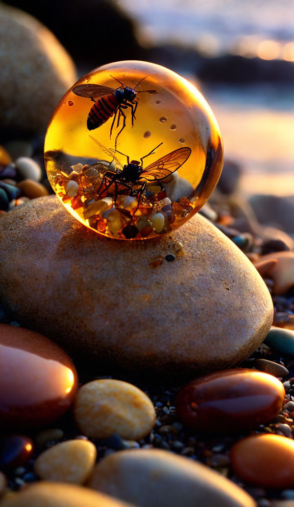 Amber sphere with insects on beach pebble at sunset