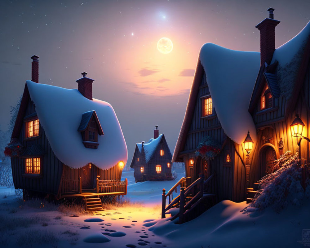 Winter Cottages Night Scene with Snow and Moonlit Sky