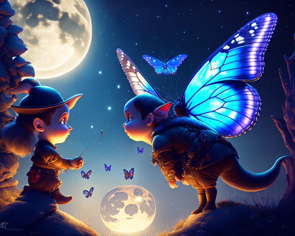 Whimsical elf characters under moonlit sky with blue butterflies