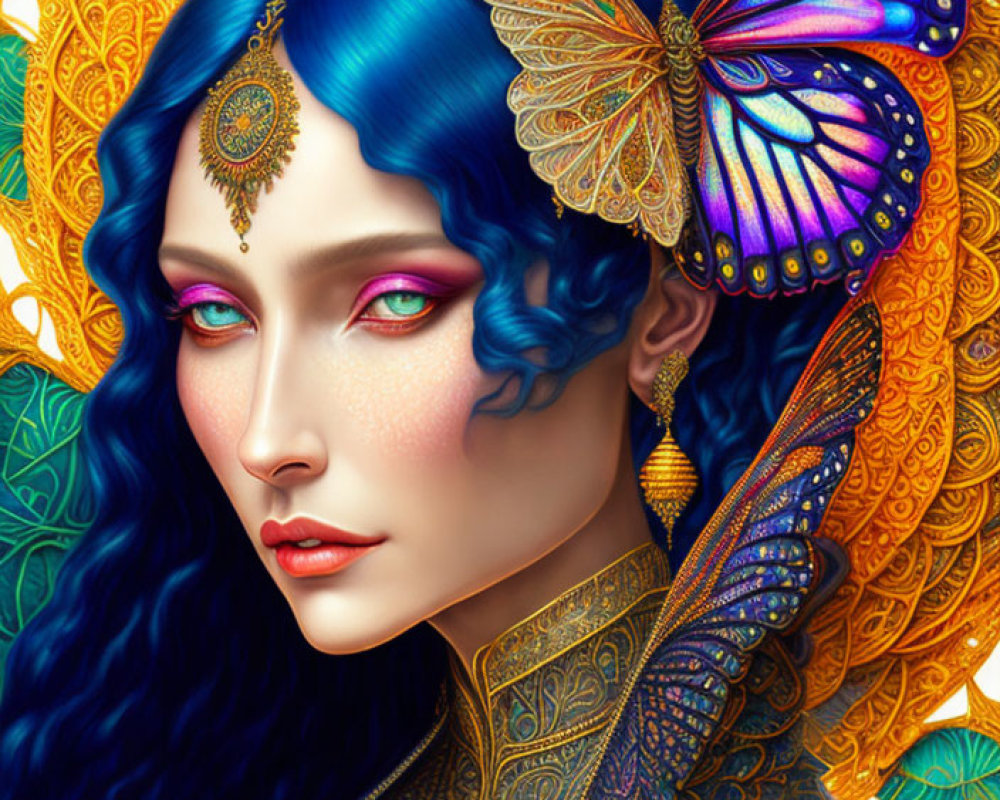 Vibrant digital artwork: woman with blue hair, butterfly wings, gold headdress.