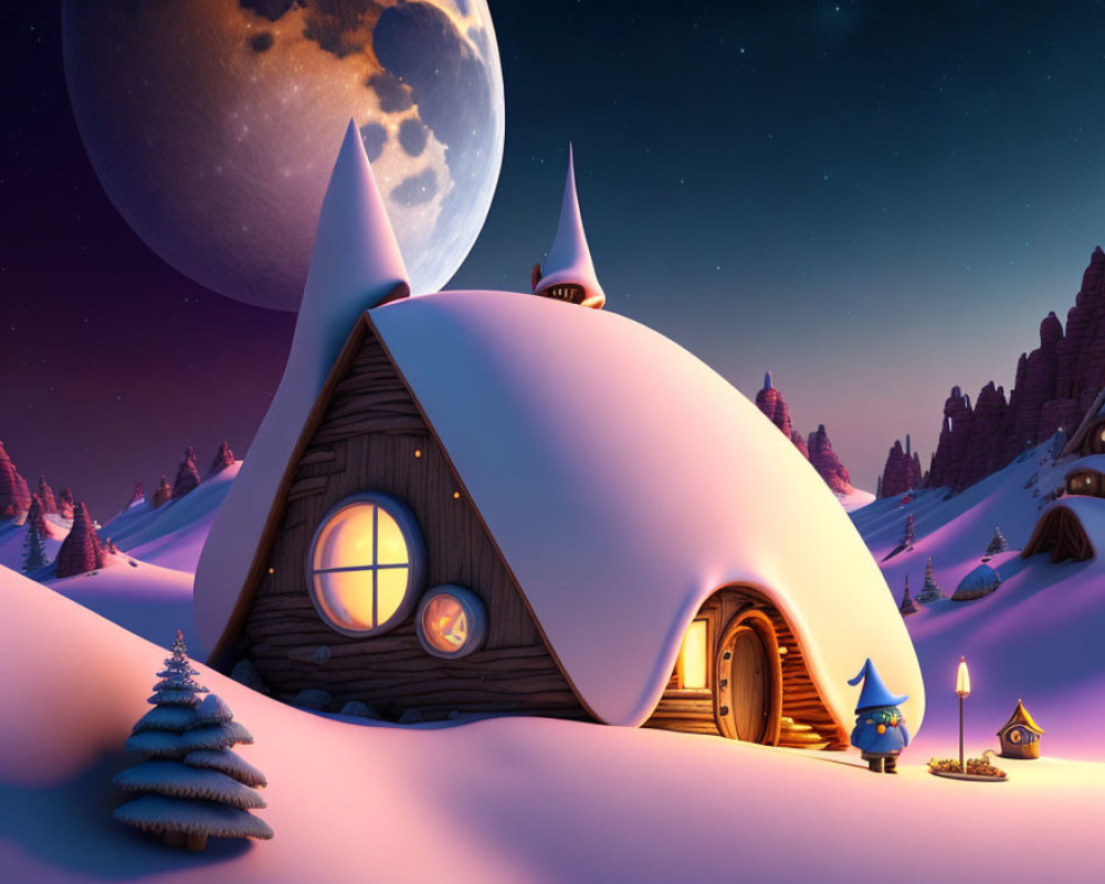 Whimsical winter night scene with igloo-shaped house, moon, snow, trees, purple sky