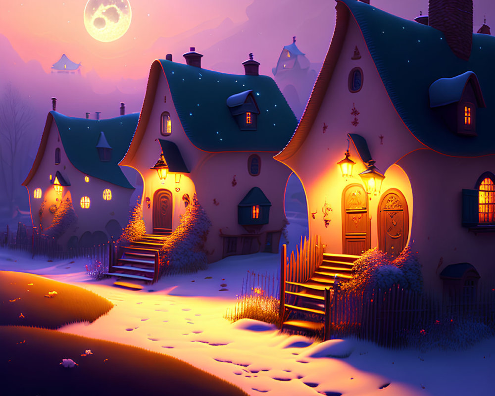 Snow-covered cottages in a cozy village at dusk under a starry sky.