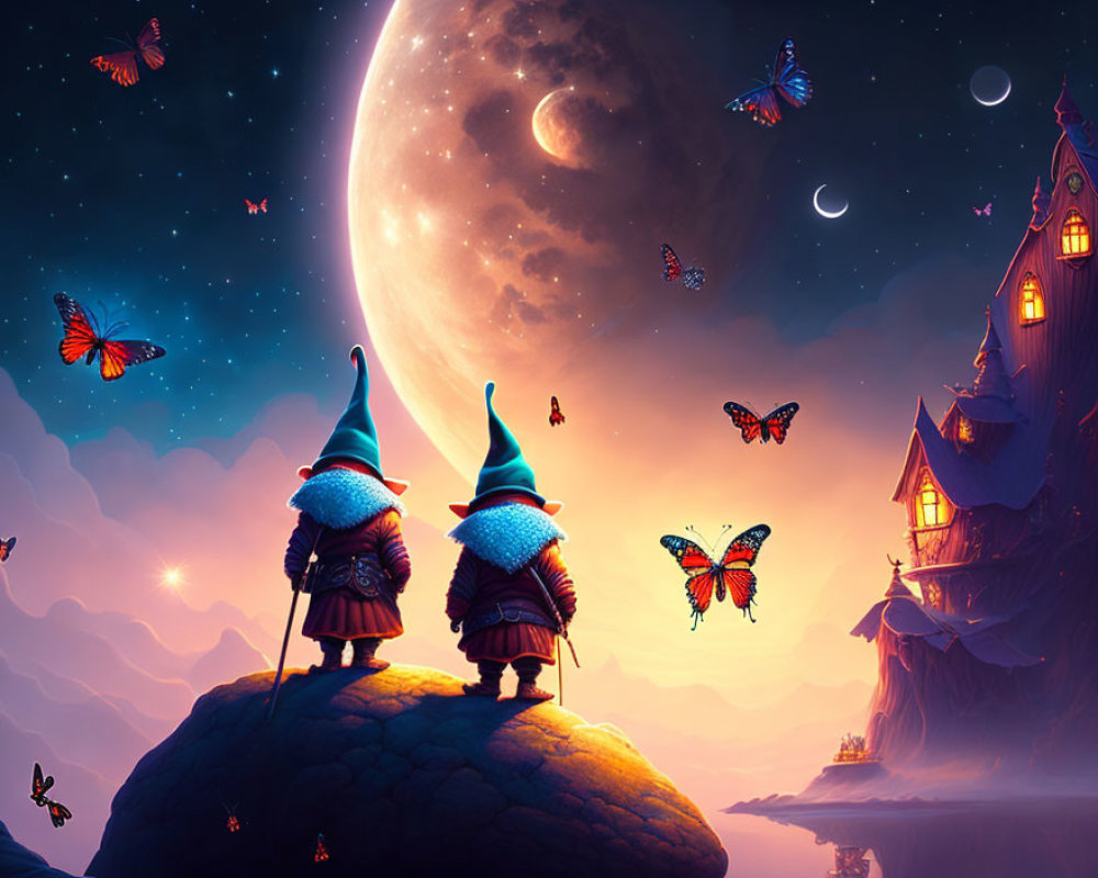 Whimsical characters in pointy hats under moonlit sky with butterflies
