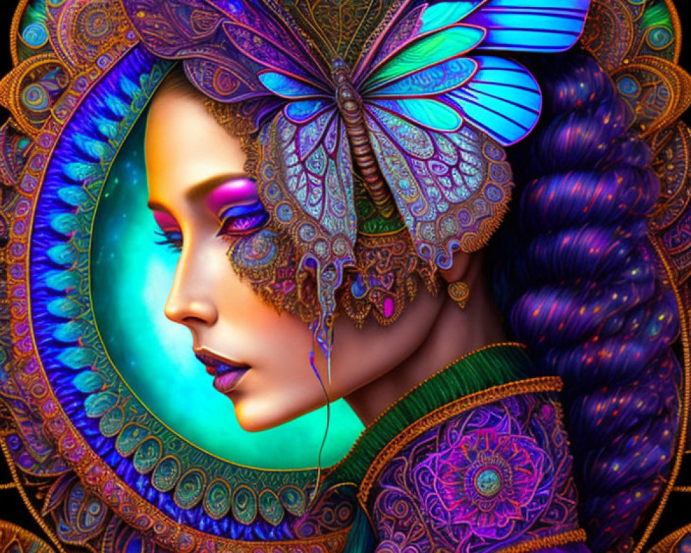 Colorful digital artwork: Woman with butterfly wings and moon halo.
