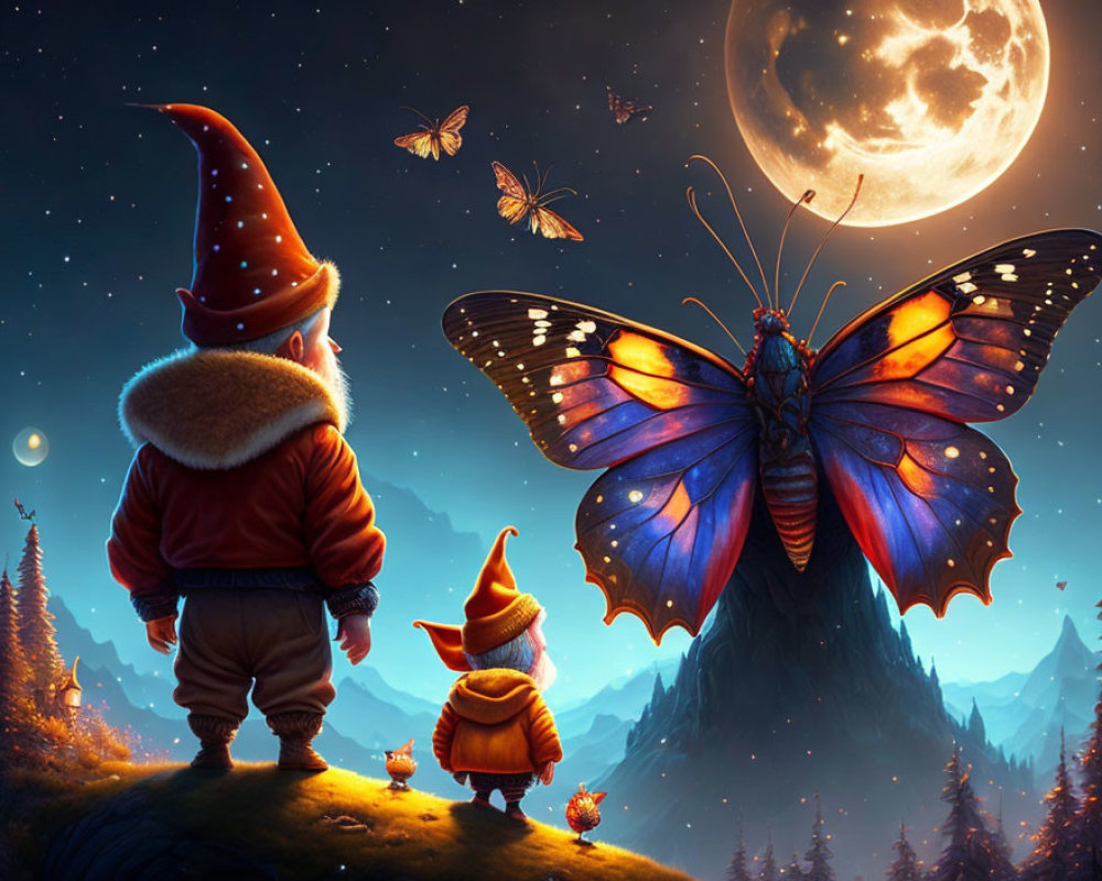 Fantasy landscape with gnome-like characters and giant butterfly under night sky