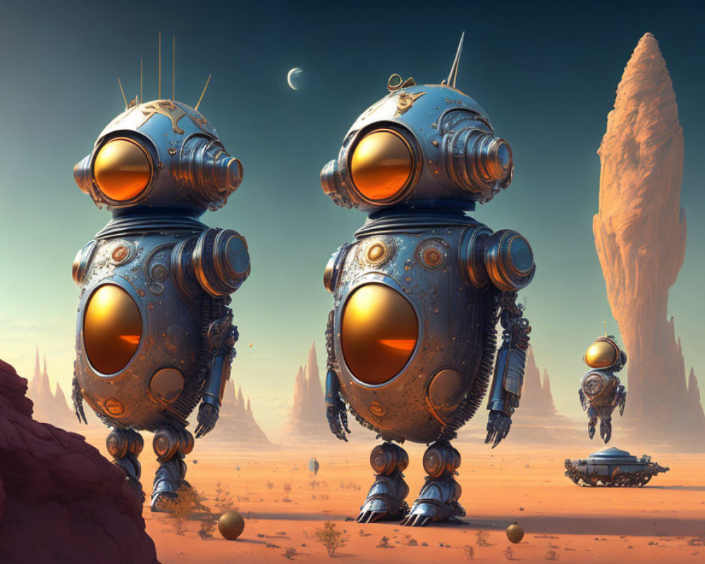 Three spherical-bodied robots in desert landscape under crescent moon