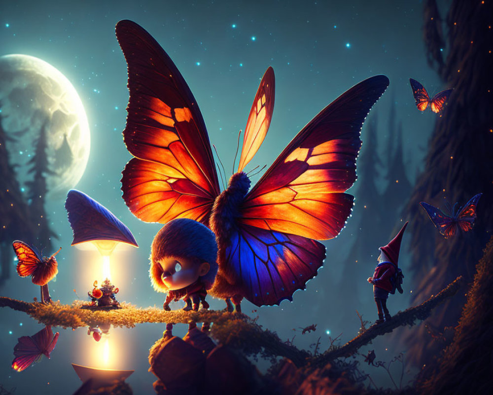 Enchanted night scene with glowing mushrooms, butterflies, and curious creature