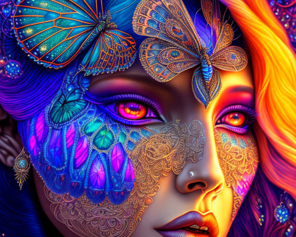 Colorful digital artwork of a woman with butterfly masks and motifs