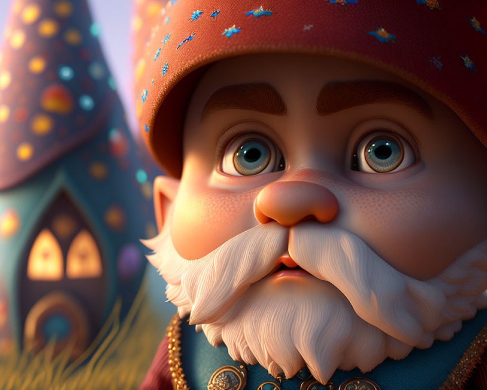 Detailed 3D animated gnome with white beard and red hat