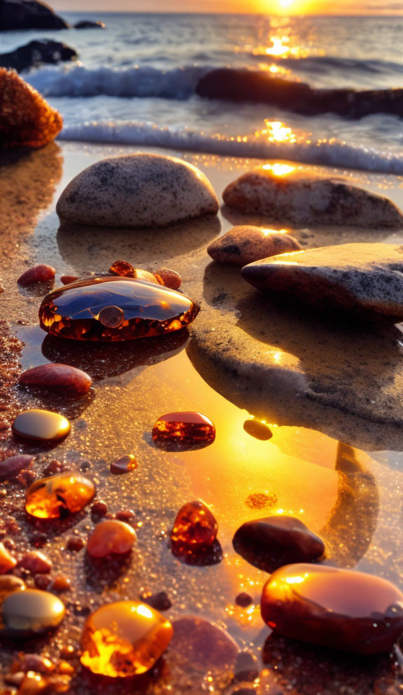 Scenic sunset beach with amber stones and pebbles by calm waters