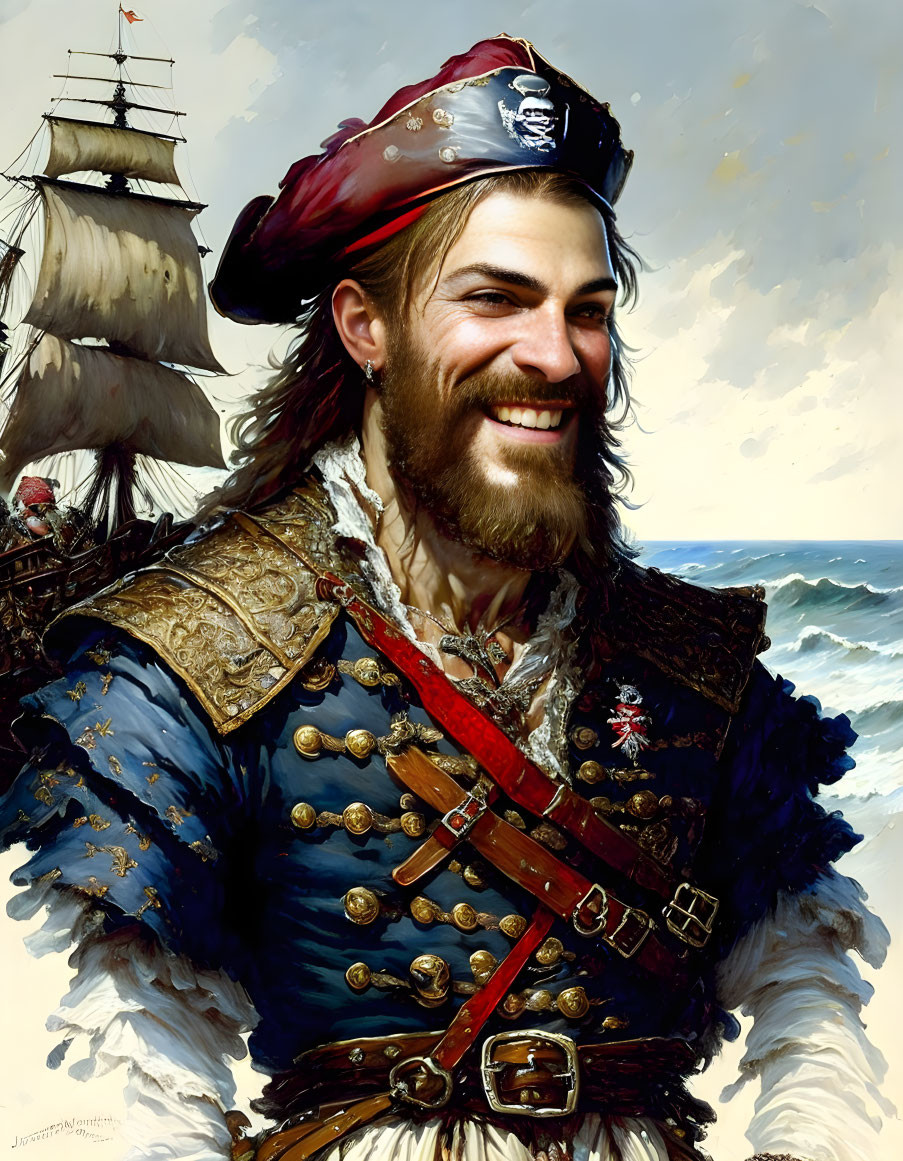 Smiling pirate with beard, red bandana, blue coat, gold buttons, ship, sea