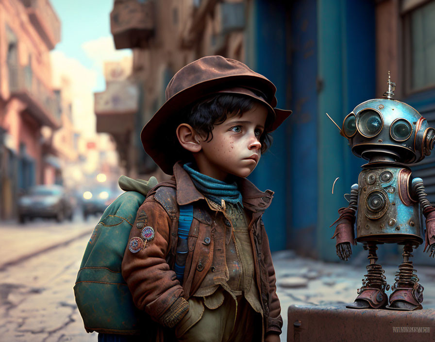 Homeless child and his friend rusty robot