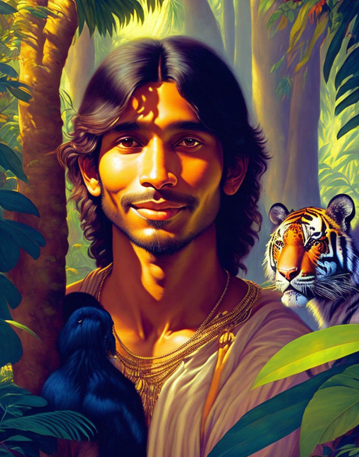 Man with Long Hair Smiling in Jungle with Tiger and Monkey