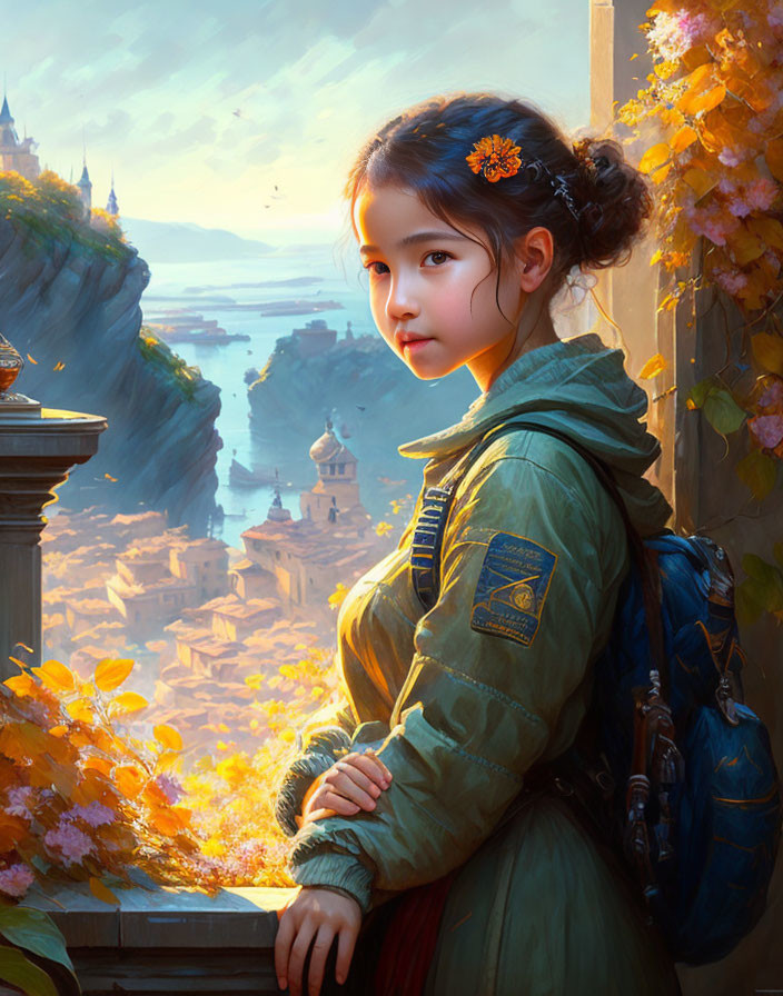 Young girl with orange flower on balcony overlooking autumn fantasy cityscape