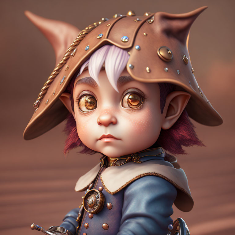 Whimsical digital illustration of big-eyed character with purple hair in spiked helmet