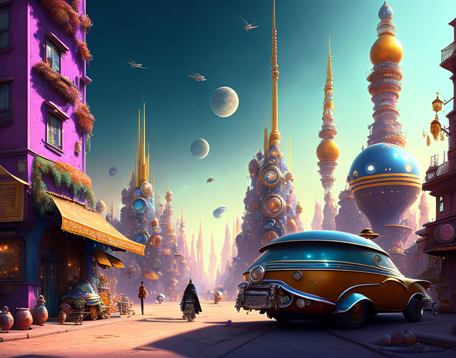 Futuristic cityscape with whimsical architecture and multiple moons