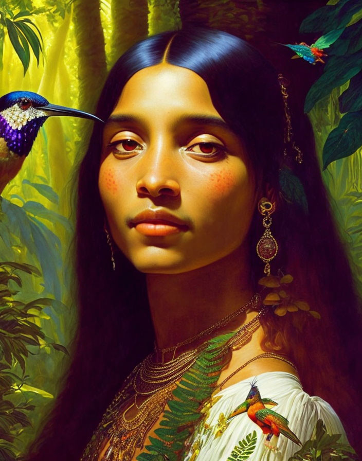 Woman with golden jewelry and freckles near hummingbird in tropical setting