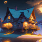 Moonlit Thatched-Roof Cottages by Serene Lake at Twilight