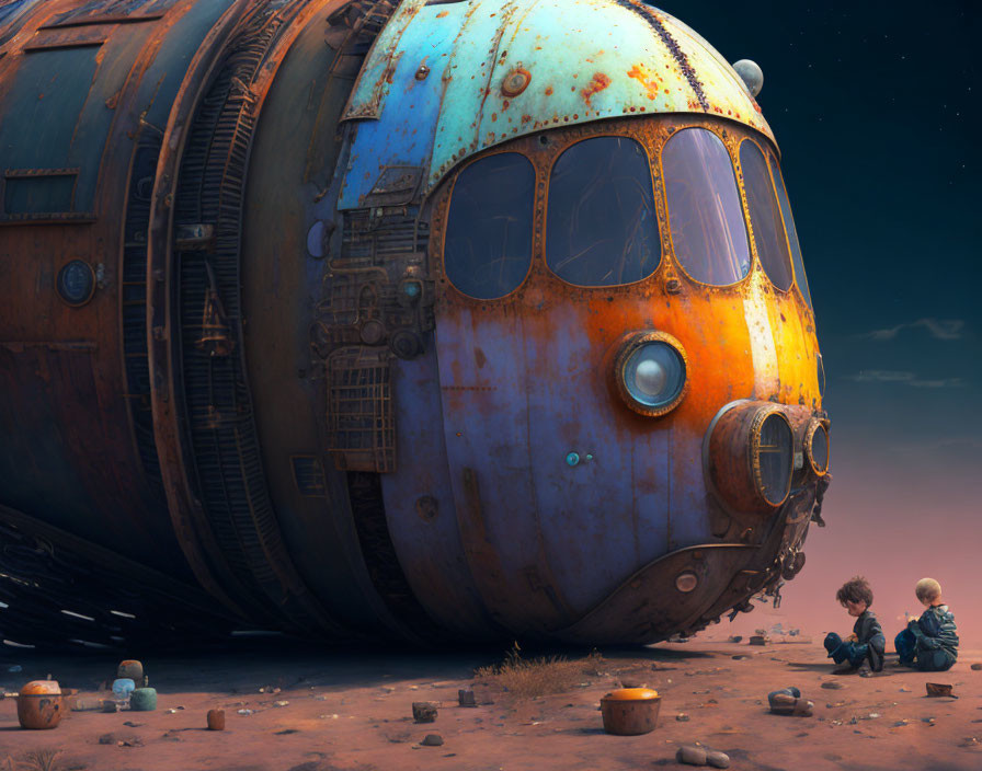 Children by rusted spacecraft in desolate landscape at dusk with small pots