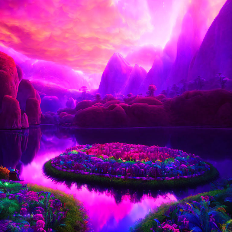 Neon pink and purple landscape with tranquil lake and colorful island