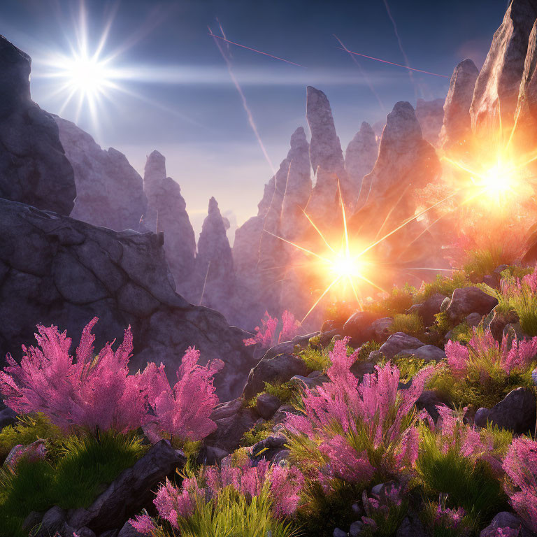 Vibrant landscape with pink flora, rocky terrain, and twin suns in clear sky