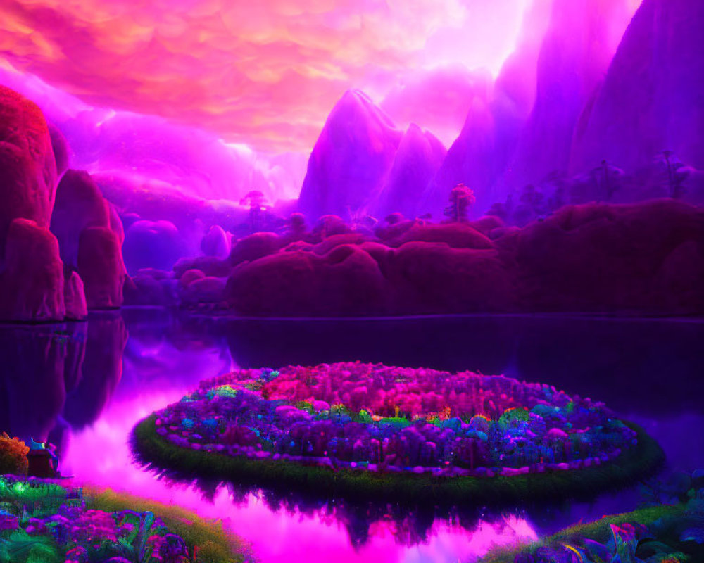 Neon pink and purple landscape with tranquil lake and colorful island