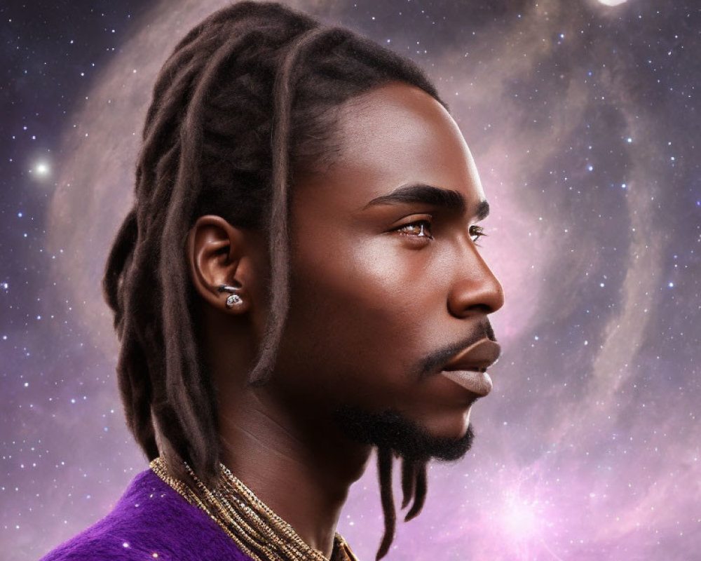 Man with Dreadlocks in Purple Shirt on Cosmic Starry Background