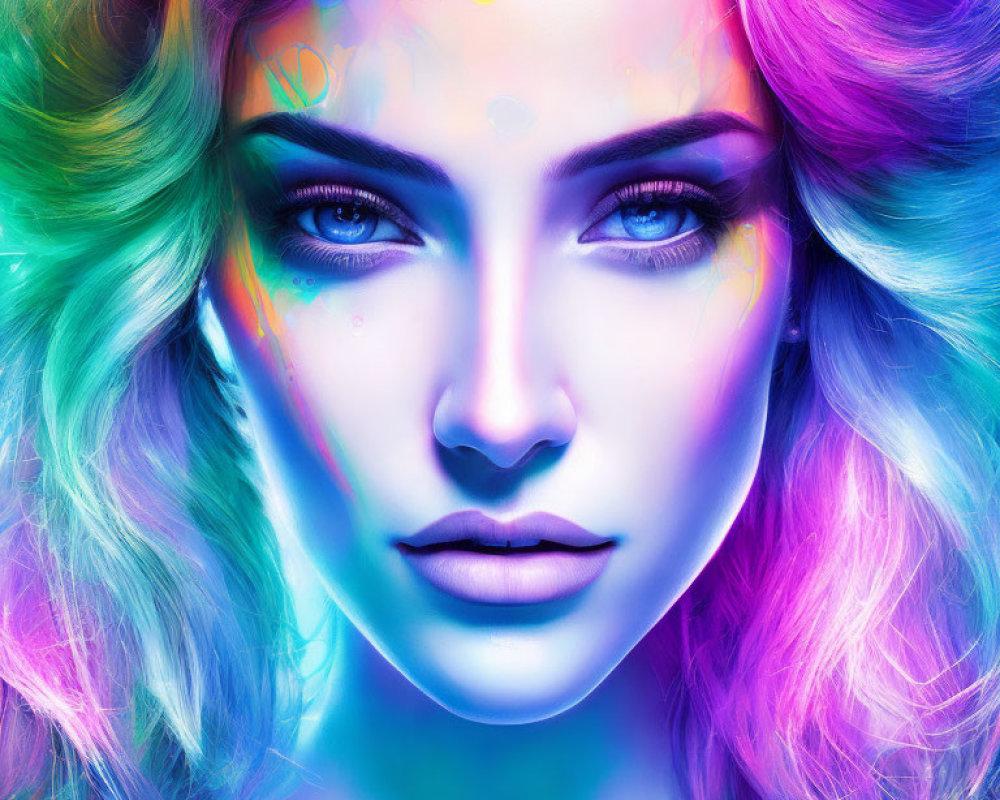 Colorful digital artwork: Woman with multicolored hair and glowing complexion on vibrant background