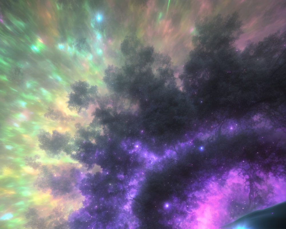 Tree silhouette against vibrant nebula sky with purples, greens, yellows, and stars