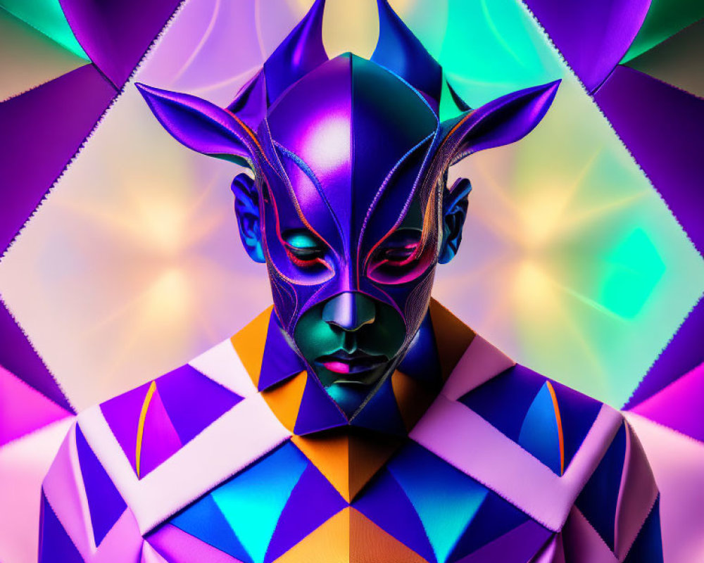 Digital artwork: Person in futuristic mask with vibrant purple, pink, and blue garment