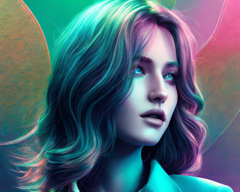 Colorful neon lighting illuminates a woman with translucent butterfly wings.
