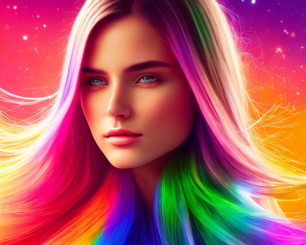 Colorful digital portrait of woman with rainbow hair in cosmic setting