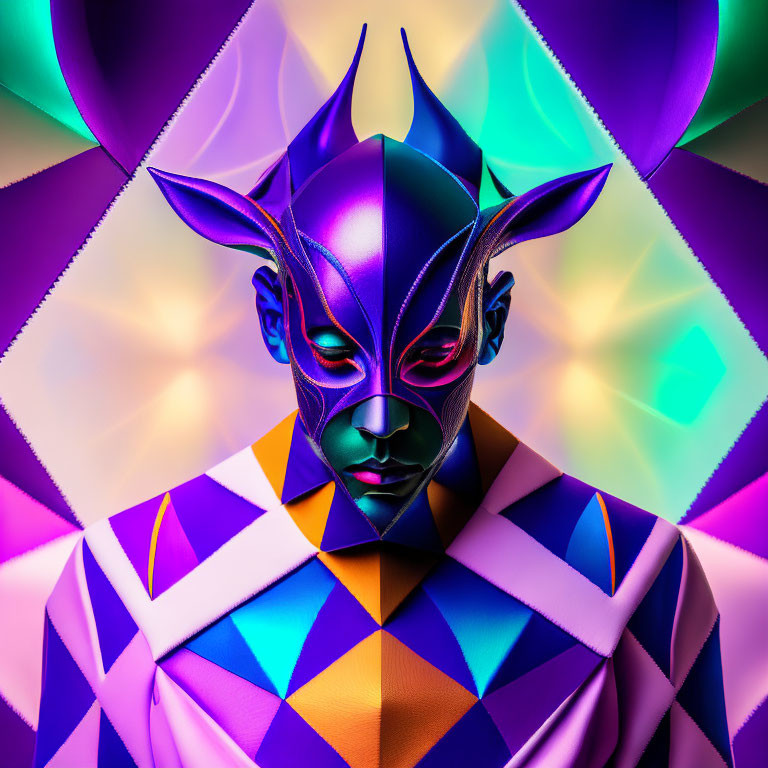Digital artwork: Person in futuristic mask with vibrant purple, pink, and blue garment
