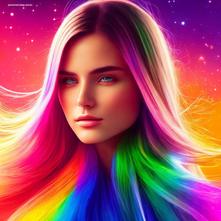 Colorful digital portrait of woman with rainbow hair in cosmic setting