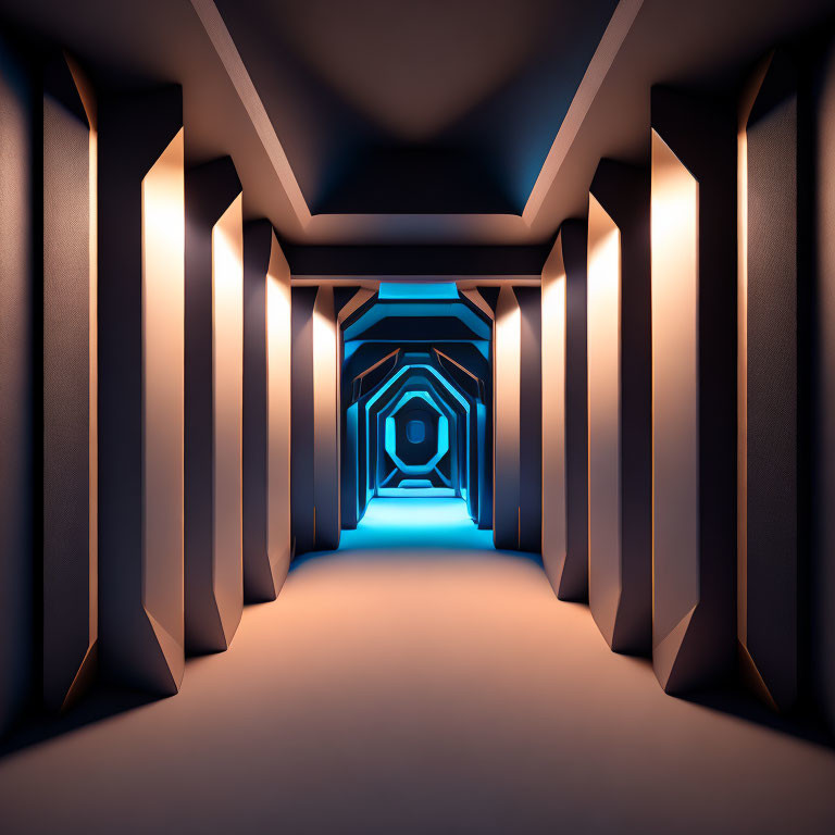 Futuristic corridor with hexagonal patterns and blue lighting
