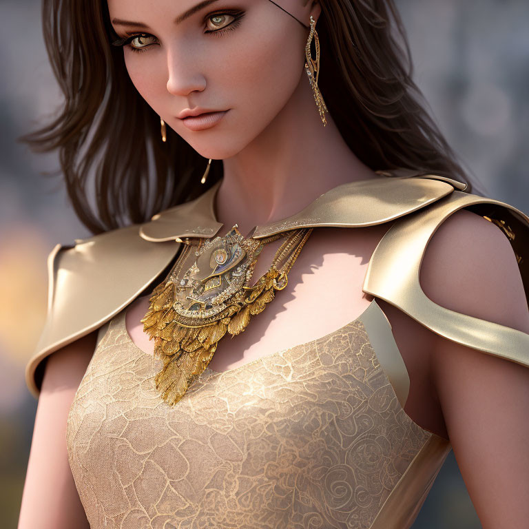 3D-rendered female character in cream dress with gold jewelry