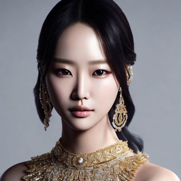 Porcelain-skinned woman with dark hair and ornate gold jewelry