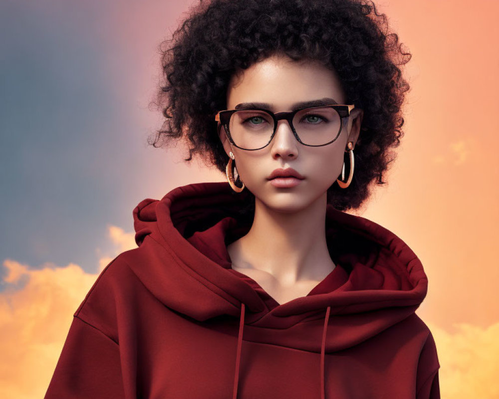 Curly-Haired Person in Glasses with Red Hoodie and Hoop Earrings