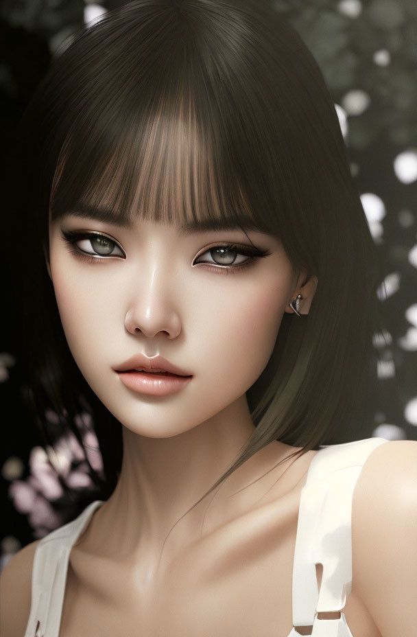 Sharp-featured female digital portrait with short hair and piercing eyes