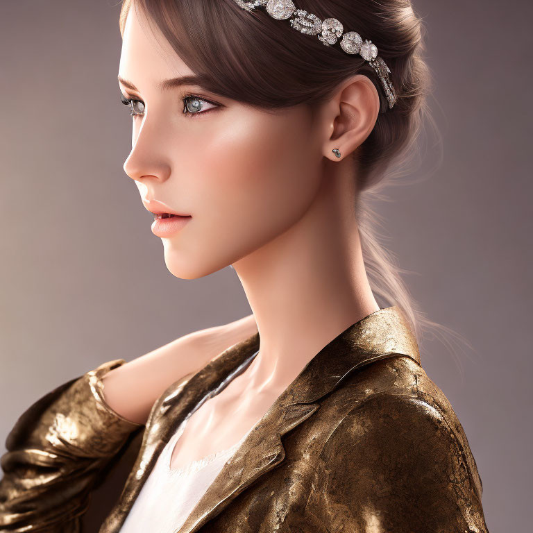 Woman with Jeweled Headband, Gold Jacket, and Stud Earring