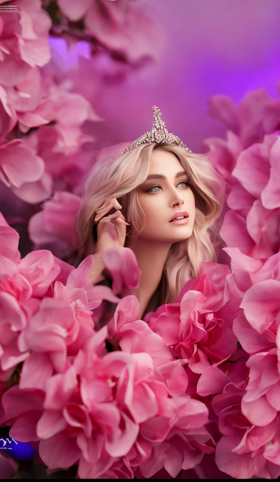 Woman with Crown Poses Among Pink Flowers